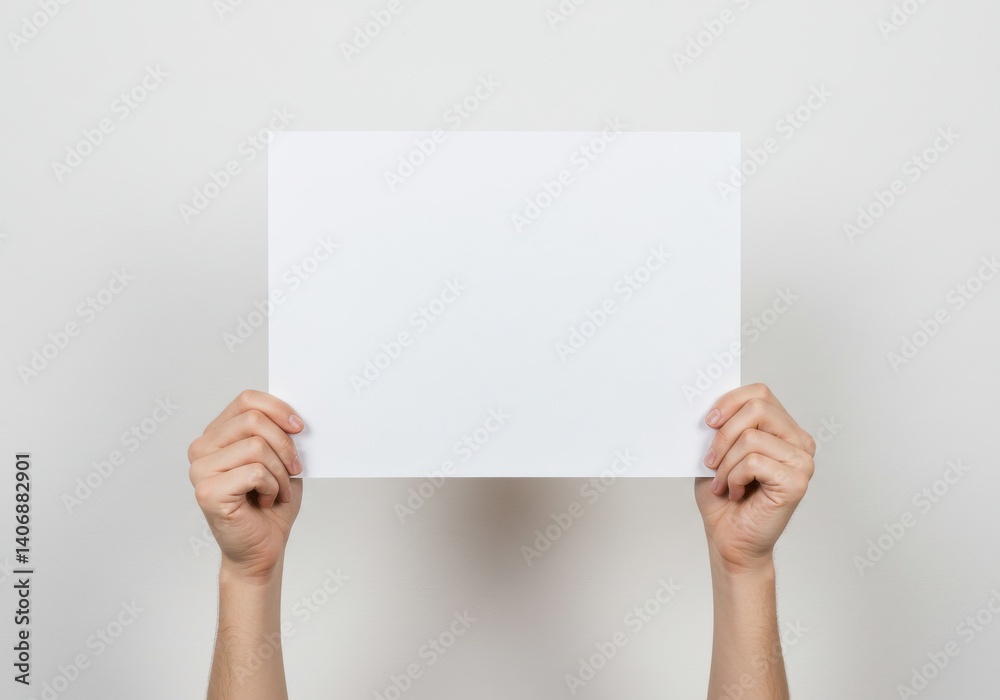 Hands holding a blank white rectangular paper sheet against a plain white background studio shot Hands holding a blank white rectangular paper sheet against a plain white background studio shot