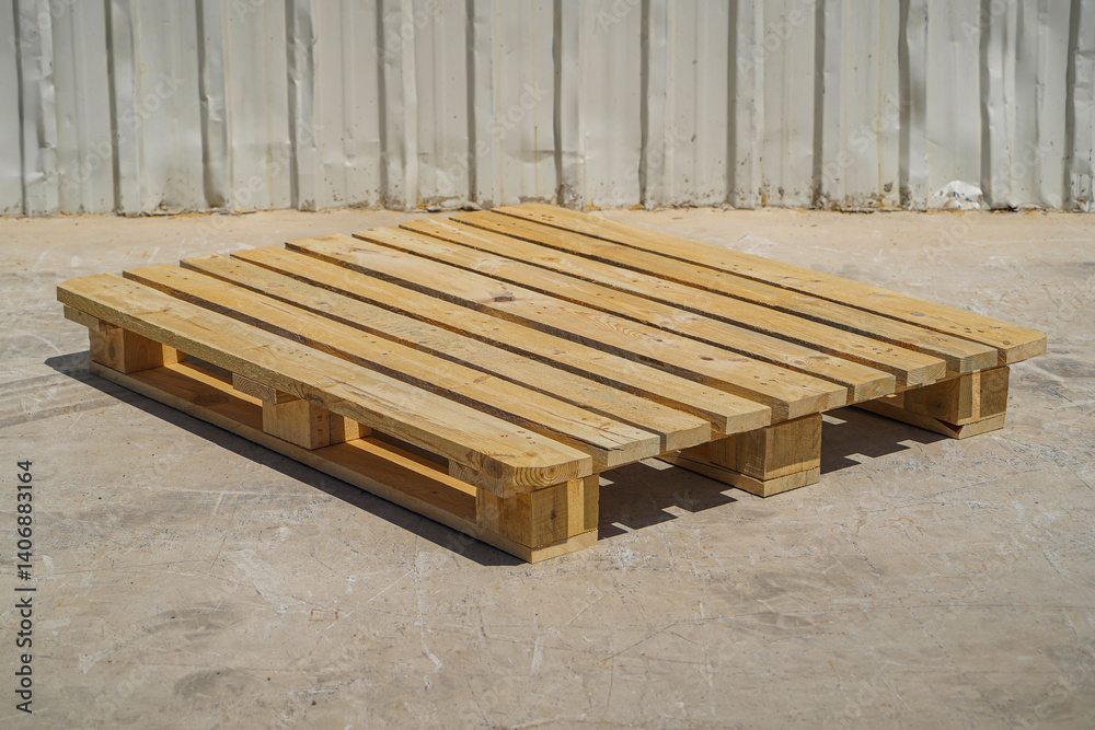 Wooden Pallet on a Warehouse Floor with Metal Wall Background
