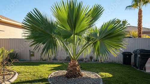 A vibrant fan palm in a landscaped backyard