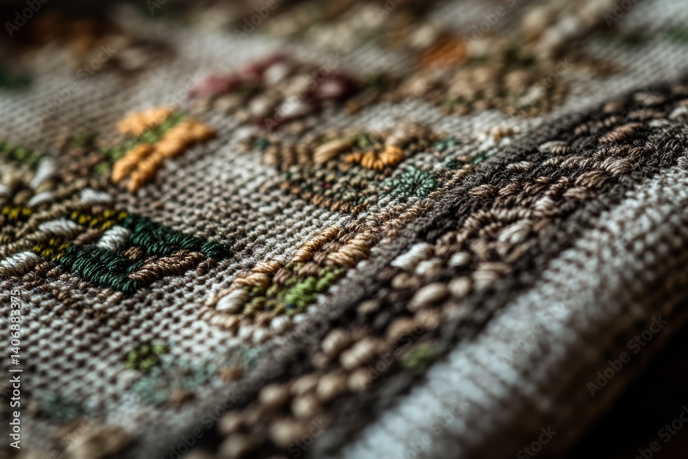 Close-up of intricate cross-stitch embroidery on textured fabric showcasing earthy tones and patterns. Close-up of intricate cross-stitch embroidery on textured fabric showcasing earthy tones and patterns.