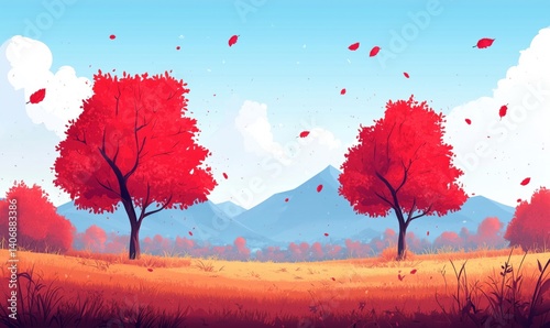 Vibrant autumn landscape with red trees and mountains in background