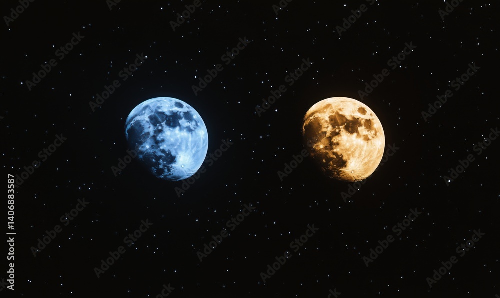 Obraz premium Dual Moon Phases in Night Sky with Stars and Contrasting Colors