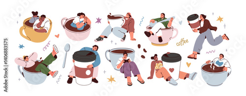 Tiny people with huge coffee cups, set. Little funny happy characters relaxing with big giant oversized mugs, hot beverages, caffeine drinks. Flat vector illustration isolated on white background