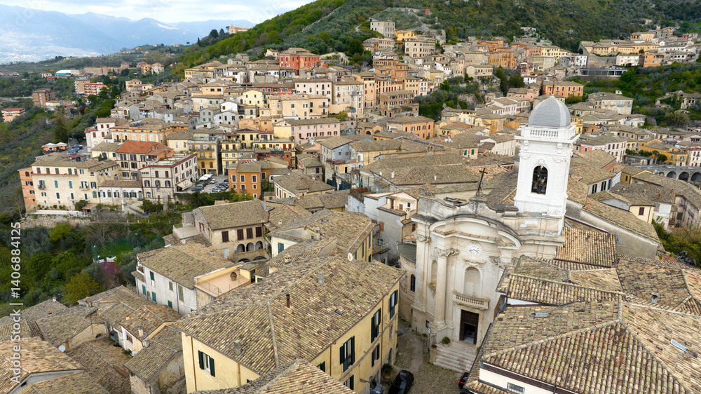 Aerial view of the church in the historic center of the town of Arpino, located in the province of Frosinone in Lazio, Italy.