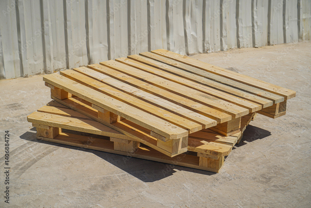 Wooden Pallet on a Warehouse Floor with Metal Wall Background