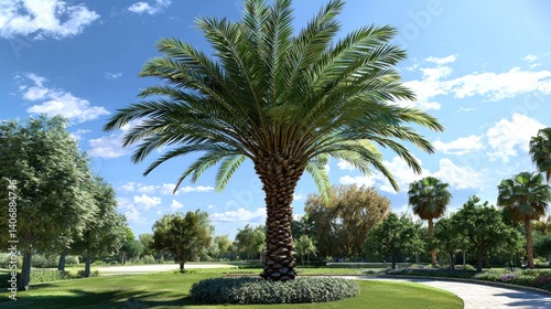 Lush palm tree in a landscaped park