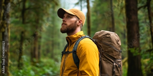 Eco-Friendly Travel for a Sustainable and Responsible Journey, A hiker in a yellow jacket stands in a lush green forest, looking up thoughtfully.