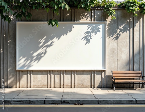 Outdoor billboard mockup with bench and concrete wall