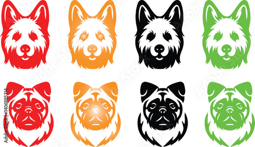 Minimalist dog silhouettes, stylized canine icons, red green and black color scheme, simple geometric shapes, clean lines, vector graphics style, logo design inspiration, modern pet illustrations, con