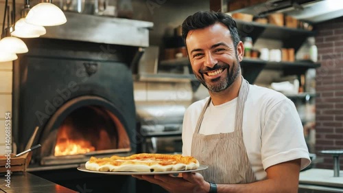 Attractive Italian pizzaiolo smiling welcomingly preparing pizza in pizzeria