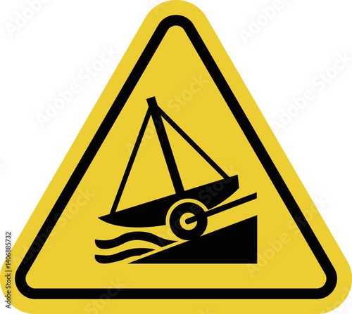 Boat slipway sign. Steep slope leading into the water. Specially equipped slipways. Launching vehicles into the water. Water safety. Warning yellow triangle road sign.
