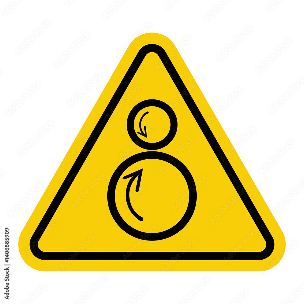 Sign of a mechanism with rotating rollers that move in opposite directions. Danger of catching, pulling in or pinching body parts, clothing and tools. Warning yellow triangle road sign. Sign of a mechanism with rotating rollers that move in opposite directions. Danger of catching, pulling in or pinching body parts, clothing and tools. Warning yellow triangle road sign.