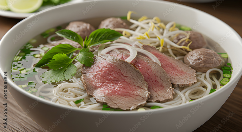 Aromatic Beef Pho with Fresh Herbs and Noodles in White Bowl Aromatic Beef Pho with Fresh Herbs and Noodles in White Bowl