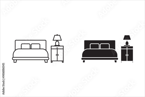 Bedroom icon, White bed and sideboards, sideboards. Banner for advertising home comfort, hotels, housing, and recreation. Vector on white background.