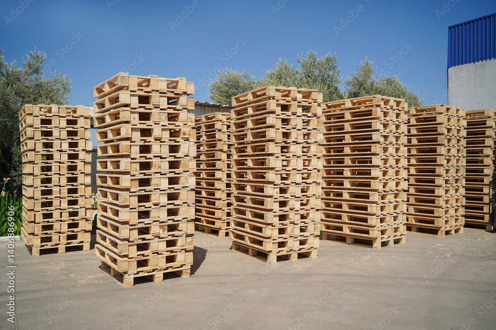 Stacked Wooden Pallets Outdoors in a Storage Facility on a Sunny Day.