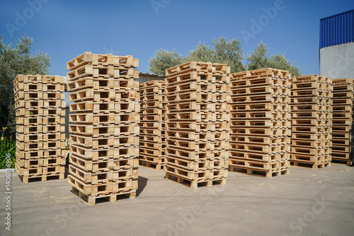 Obraz na płótnie Stacked Wooden Pallets Outdoors in a Storage Facility on a Sunny Day. w salonie