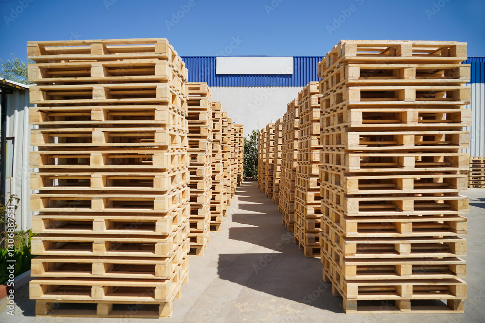 Stacks of Wooden Pallets Vertical Arranged Outdoors in Industrial Factory Setting