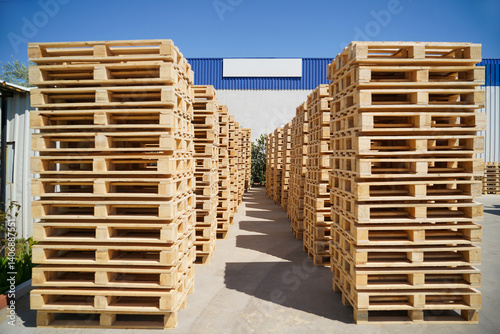 Obraz na płótnie Stacks of Wooden Pallets Vertical Arranged Outdoors in Industrial Factory Setting w salonie