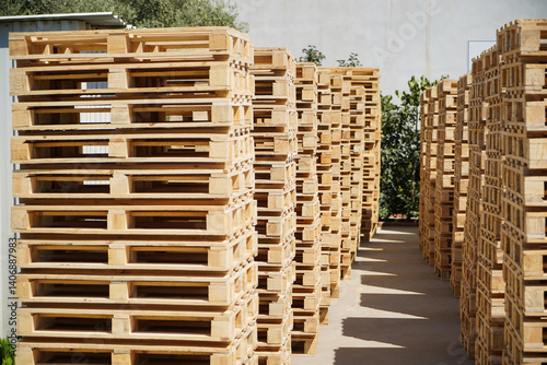Stacks of Wooden Pallets Vertical Arranged Outdoors in Industrial Factory Setting