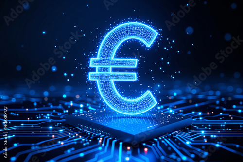 Glowing euro symbol on microchip, representing digital currency and financial technology concepts.