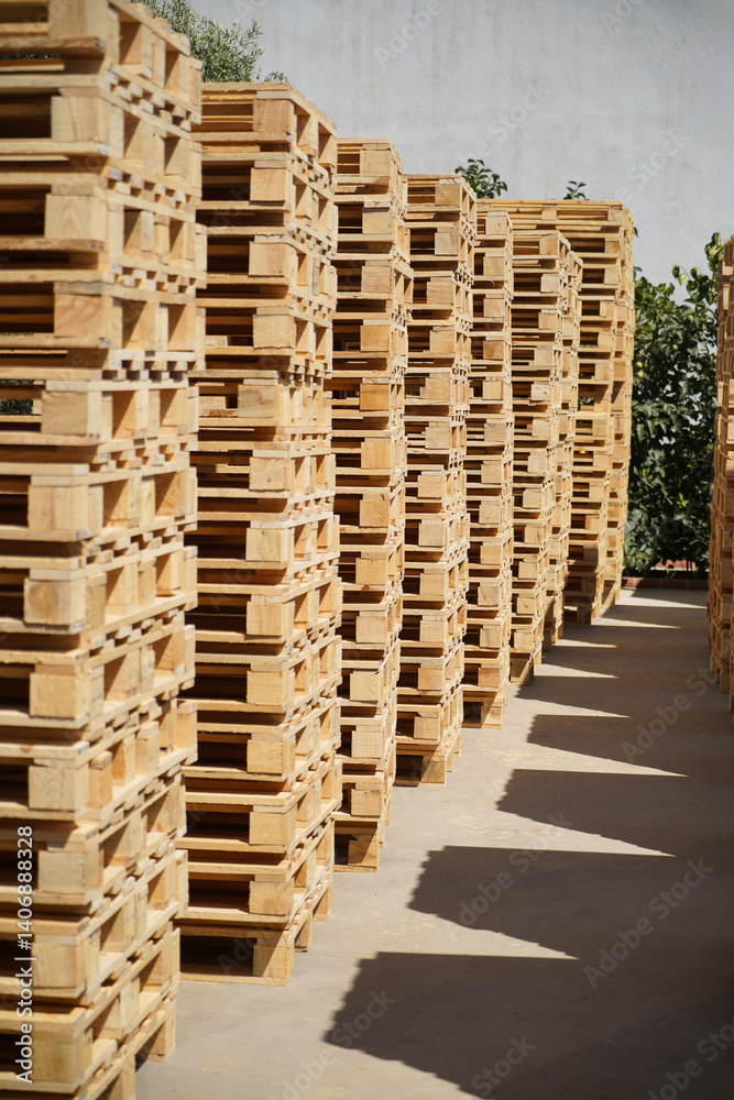 Stacks of Wooden Pallets Vertical Arranged Outdoors in Industrial Factory Setting