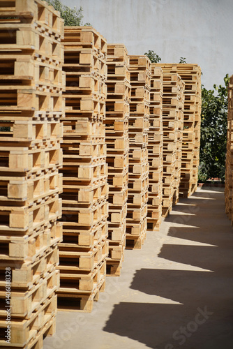Obraz na płótnie Stacks of Wooden Pallets Vertical Arranged Outdoors in Industrial Factory Setting w salonie