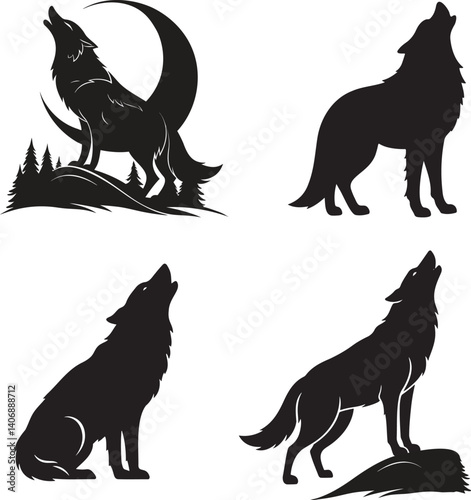 Howling Wolf Silhouette Vector Set – Wild Animal Illustration Collection