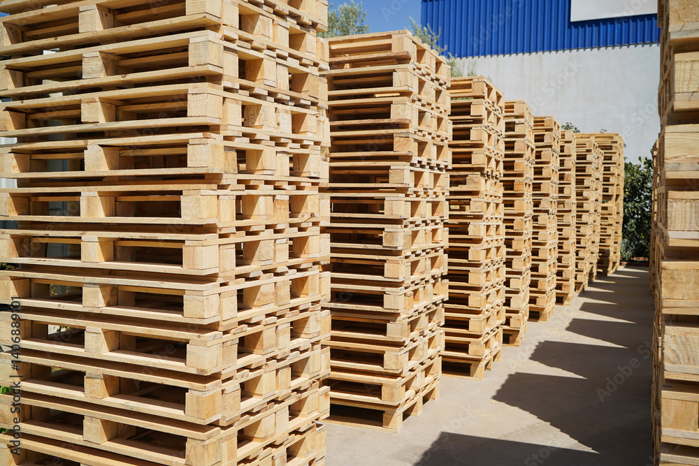 Stacks of Wooden Pallets Vertical Arranged Outdoors in Industrial Factory Setting