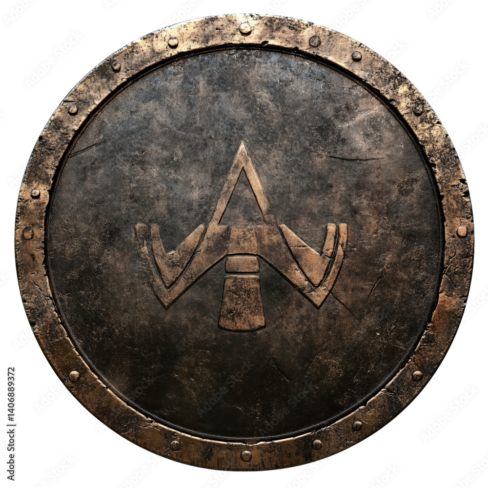 Fototapeta premium Ancient bronze round shield with cross emblem, weathered metal surface, riveted edge, medieval warrior armor style.