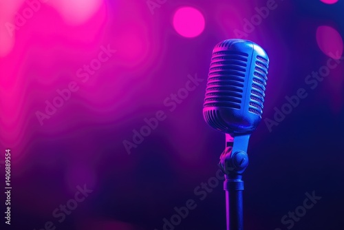 Retro microphone on stage under vibrant pink and blue lighting, ready for performance.