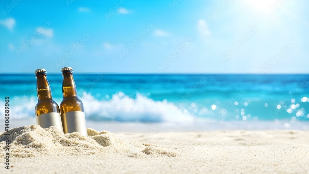 Two beer bottles partially buried in sand on a beach, with a blue ocean and clear sky in the background. Concept Beach Vibes, Party in Paradise, Coastal Refreshment, Scenic Ocean View, Summer Chill Two beer bottles partially buried in sand on a beach, with a blue ocean and clear sky in the background. Concept Beach Vibes, Party in Paradise, Coastal Refreshment, Scenic Ocean View, Summer Chill