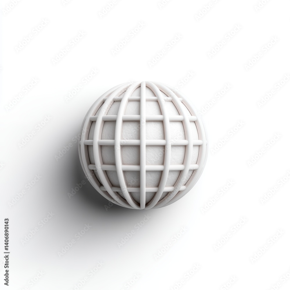 A minimalist 3D globe design, featuring a white grid pattern, symbolizing global connectivity and modern aesthetics.