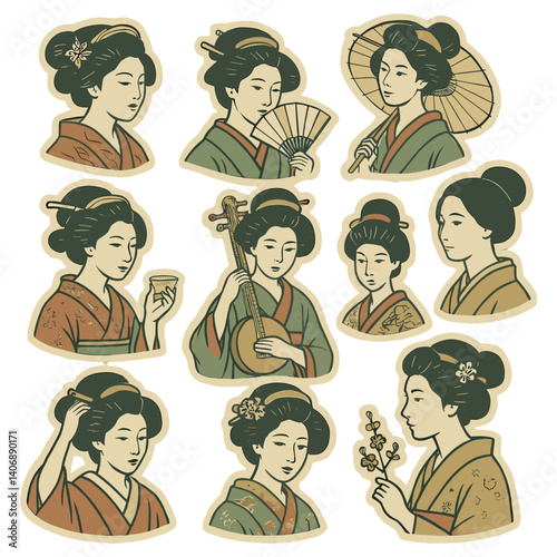 扇子、三味線、花などの伝統的な文化要素を取り入れた、優雅さと日本の伝統を象徴するヴィンテージスタイルの和風芸者イラストセット。