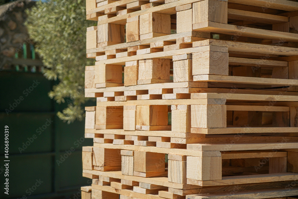 Wooden Pallets Stacked Outdoors Under Natural Light