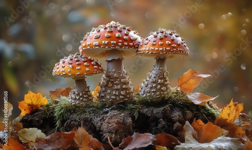 Vibrant red and white spotted mushrooms surrounded by autumn leaves and moss