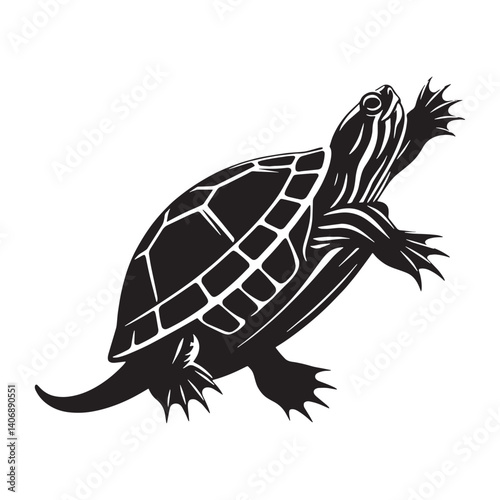 Curious Red-Eared Slider silhouette, basking on a log – Red-Eared Slider illustration – minimalist Red-Eared Slider vector – Reptile silhouette

