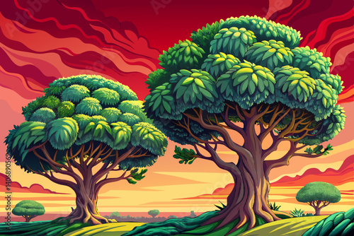 Rain tree isolated on sunset forest background, Tropical tree, Flat style vector illustration, orange and red sky with clouds