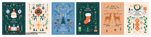 Merry Christmas posters set. Xmas postcard designs, greeting cards with retro ornaments, holiday pattern, festive decoration, gifts, reindeer and santa in nordic style. Flat vector illustrations