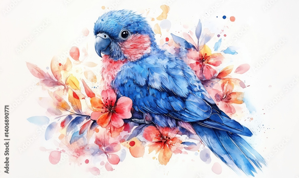 Fototapeta premium Colorful watercolor painting of a blue and pink bird surrounded by vibrant flowers