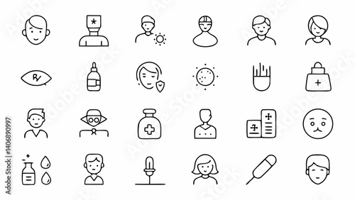 Professional set of dermatology themed outline icons including skin care products medical treatments and facial procedures perfect for clinics spas and skincare brands