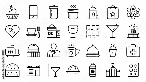 Hospitality themed linear icons including room service travel booking food service and reception concepts great for enhancing guest experience related visual content