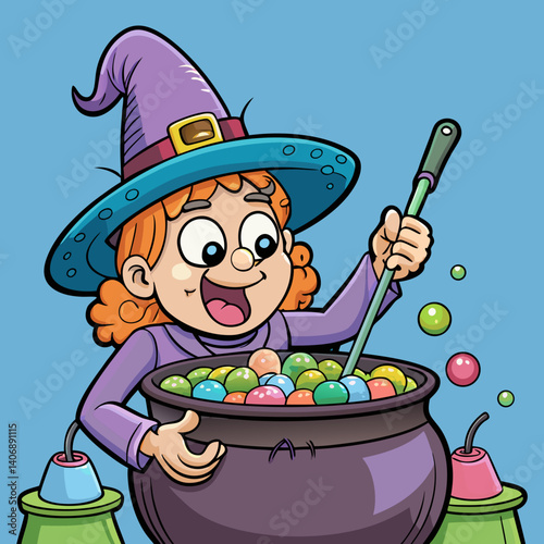 A quirky witch brews bubblegum potions in a vibrant, candy-colored cauldron with whimsical magic vibes.