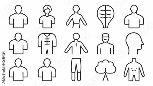 Human anatomy inspired linear icons showcasing organs body systems bones and muscular structure suitable for medical education health platforms and body awareness design