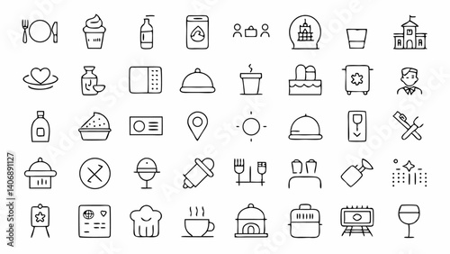 Outline icons crafted for hospitality sectors like hotel management food service and travel agency materials delivering clean professional and user friendly visuals