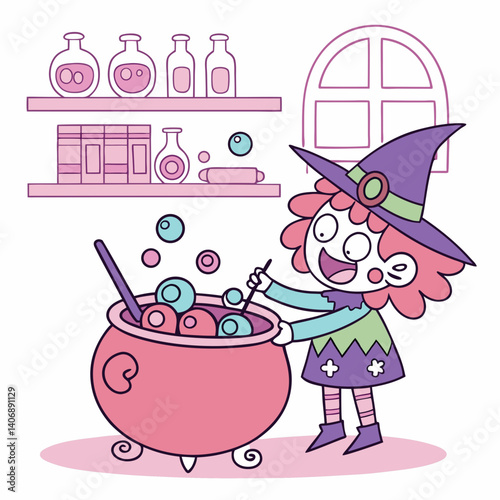 A quirky witch brews bubblegum potions in a vibrant, candy-colored cauldron with whimsical magic vibes.