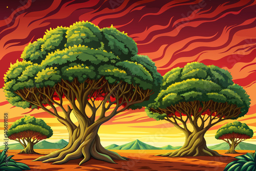 Rain tree isolated on sunset forest background, Tropical tree, Flat style vector illustration, orange and red sky with clouds