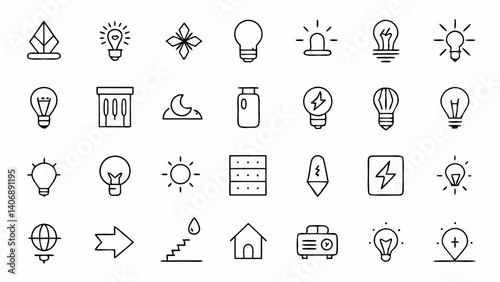 Lighting elements icon set in a consistent outline style representing various light sources including lamps bulbs and fixtures for energy and interior design projects