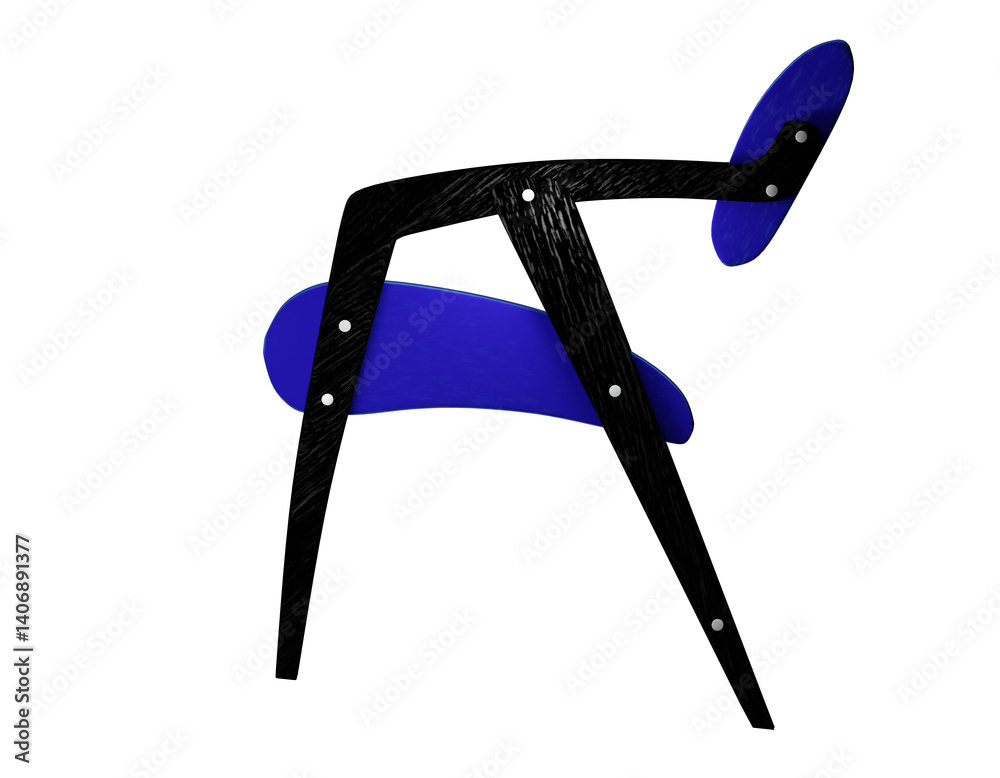 3D render of a stylish chair with royal blue velvet upholstery and sleek black wooden frame. Ideal for café, restaurant, or interior design projects. Isolated on transparent background Trendy