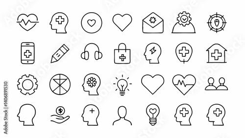 Modern outline icons for mental health topics including therapy sessions, emotional support, brain wellness, stress relief, and positive mental habits