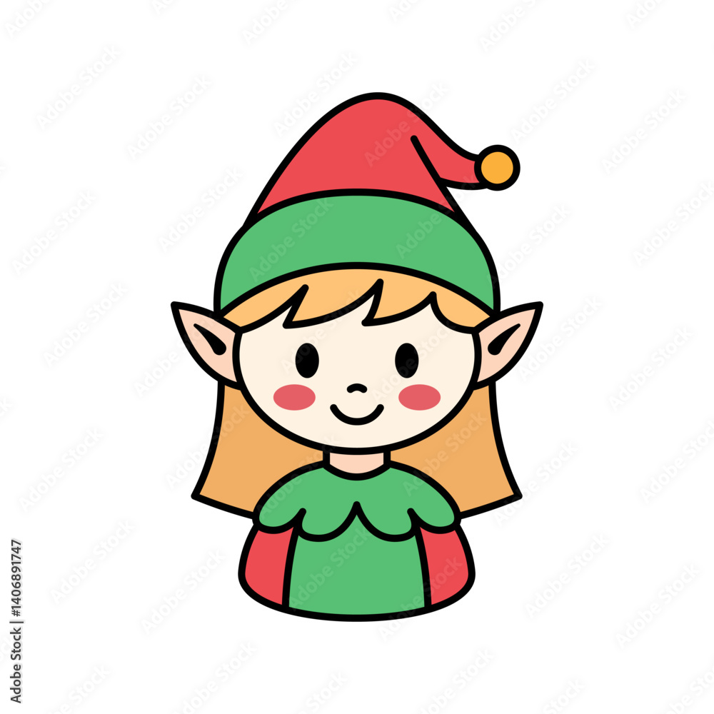 Cute elf girl in green red costume. Little Christmas female elf isolated on white background. Cute elf girl in green red costume. Little Christmas female elf isolated on white background.